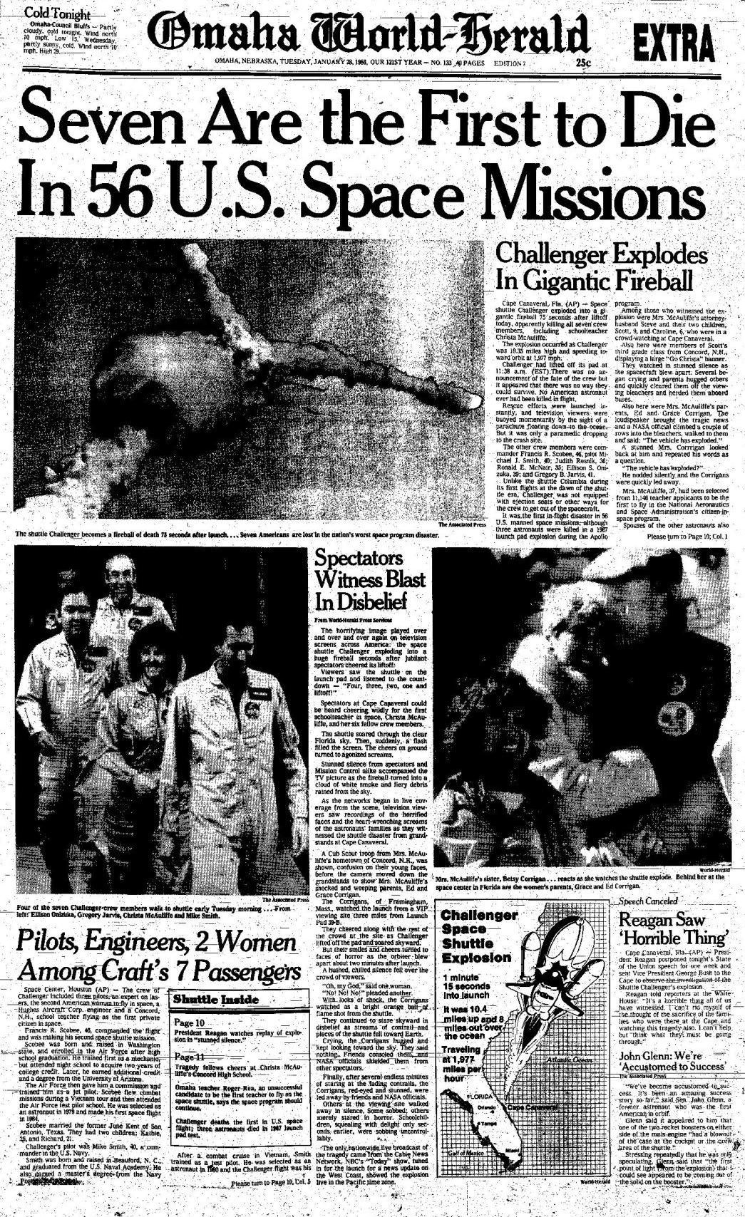 The World-Herald front page on Jan. 28, 1986